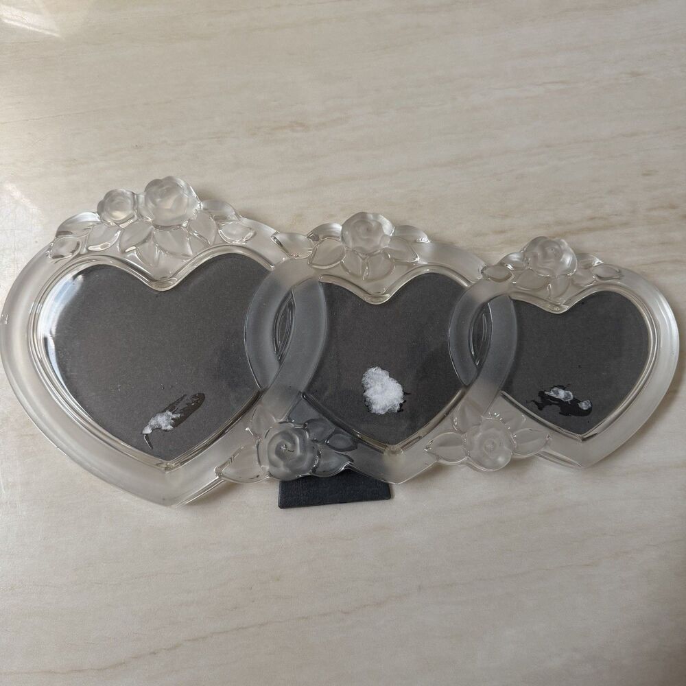 Mikasa Rosemont Triple Heart Crystal Glass Photo Frame Frosted Rose Vintage